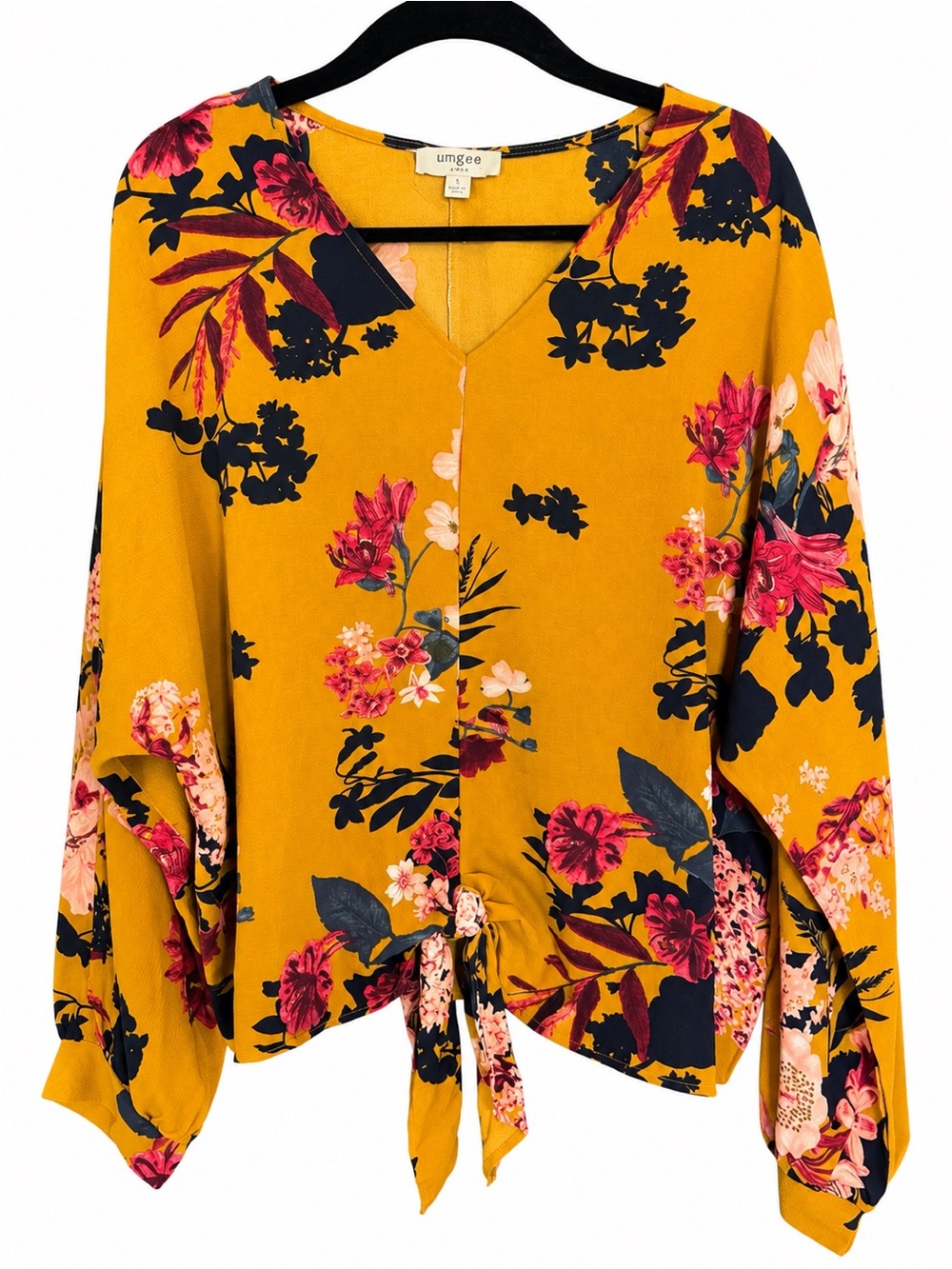 Umgee Boho Mustard Floral Tie Front Dolman Top with Navy & Pink Accents
